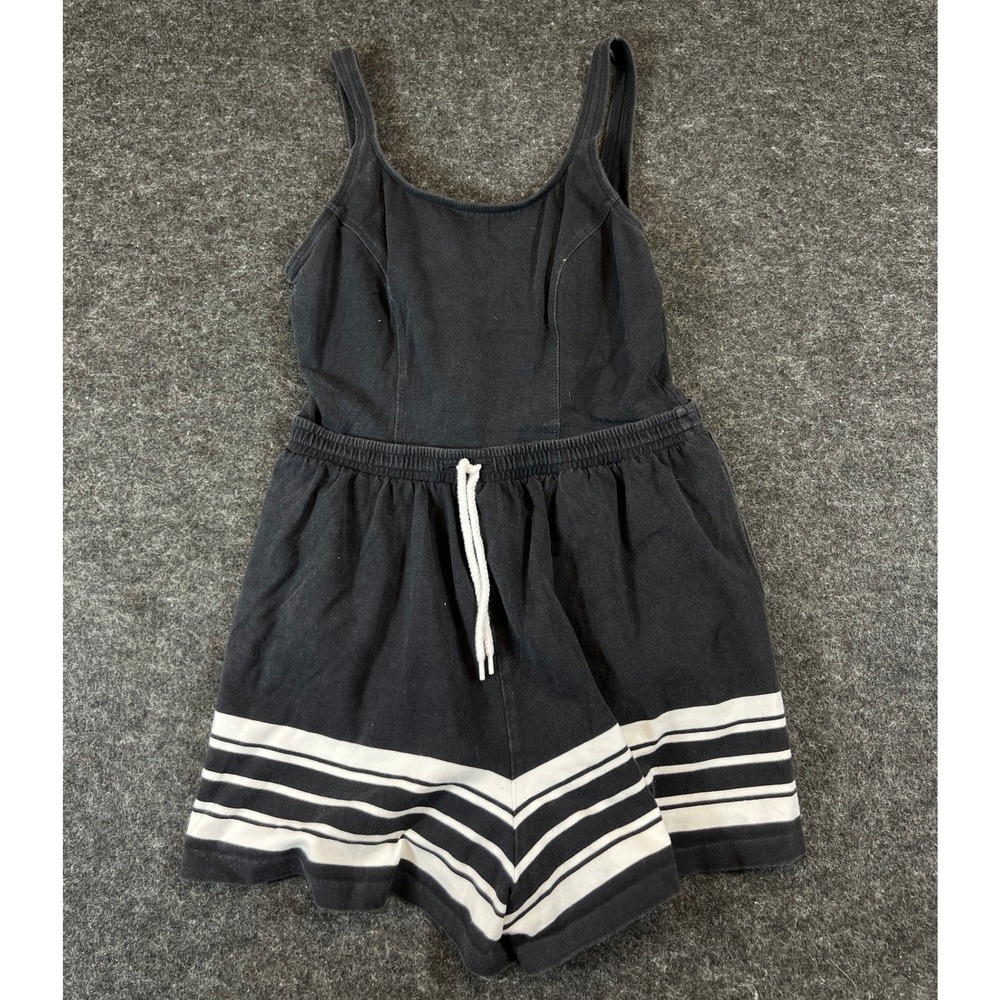 Vintage 90s Jantzen Romper Womens Black Striped Built In Bra One Piece Swimsuit